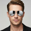 Silver HD polarized sunglasses with anti-blue ray lenses from dealonline.co.nz, showing sleek frame and lens details.