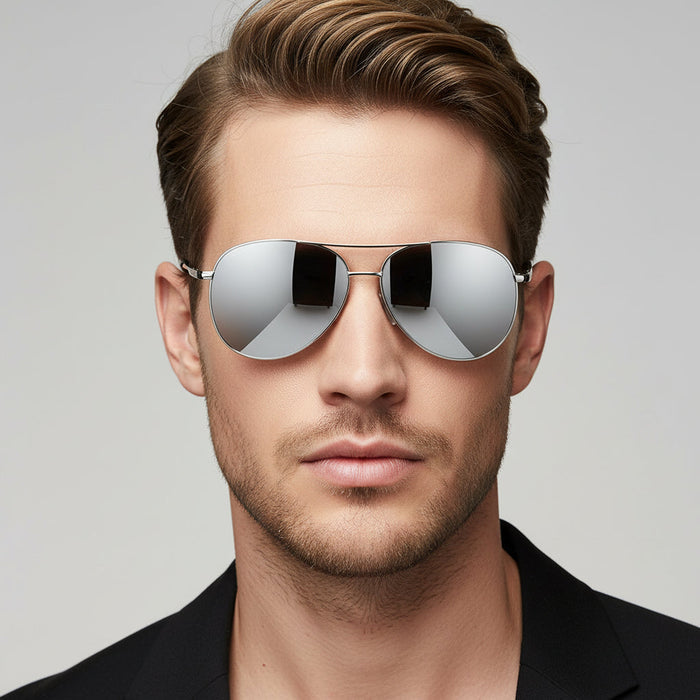 Silver HD polarized sunglasses with anti-blue ray lenses from dealonline.co.nz, showing sleek frame and lens details.
