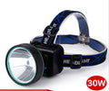 Rechargeable 30W headlamp with white light, 500-meter beam, 15-hour runtime, by dealonlinenz, suitable for outdoor and work use.