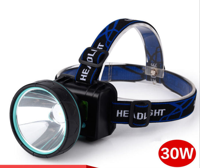 Rechargeable 30W headlamp with white light, 500-meter beam, 15-hour runtime, by dealonlinenz, suitable for outdoor and work use.