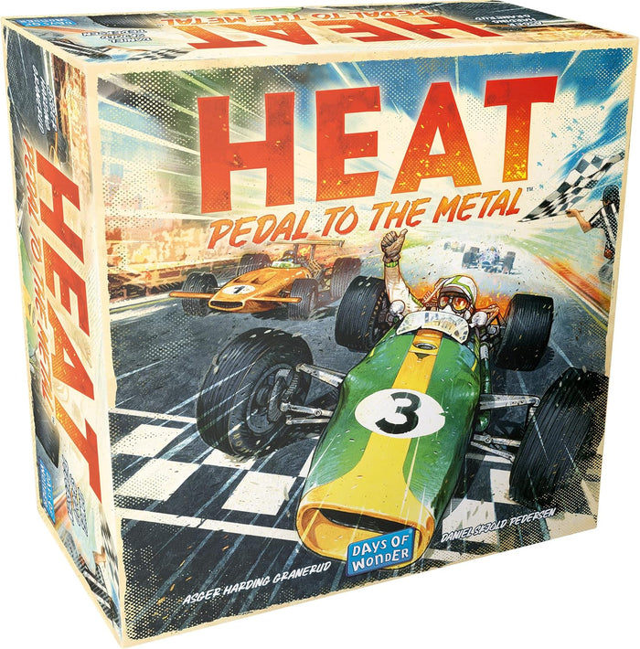 Illustrated board game box featuring vintage-style green and orange race cars on a track with bold orange text.