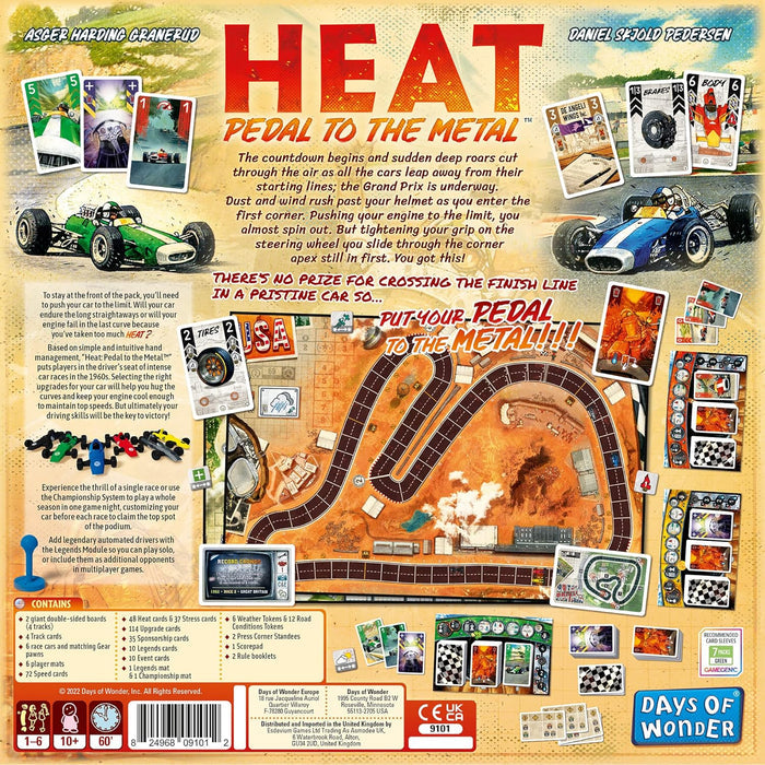 Back of HEAT board game box showing vintage race car art, game board, cards, car miniatures, and gameplay details.