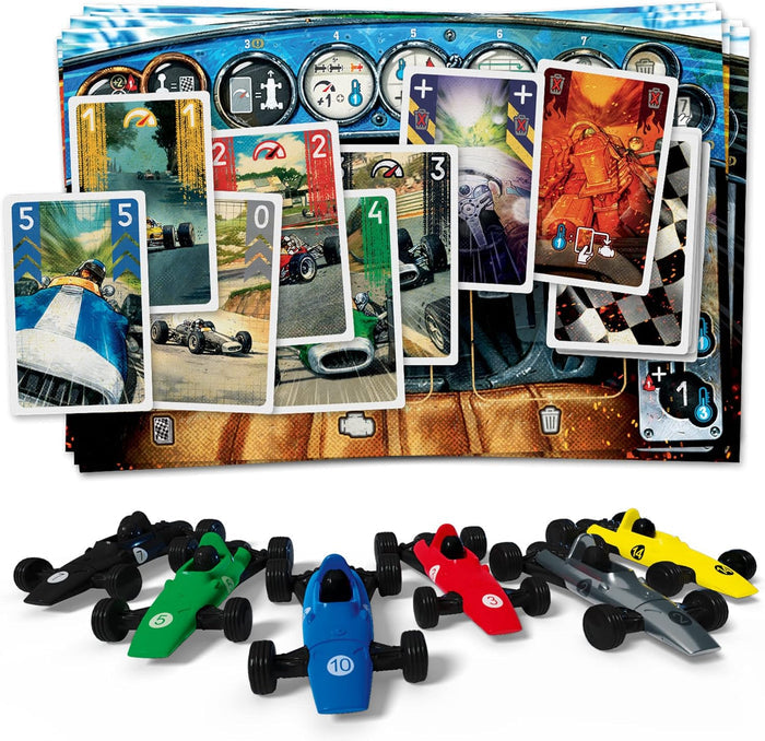 Racing board game components: a dashboard board, illustrated cards, and six colorful plastic formula cars with numbers.