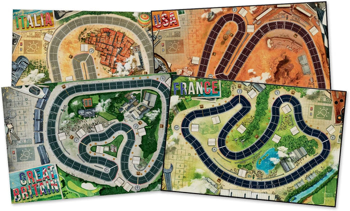 Four illustrated board game maps featuring unique racing circuits for Italy, USA, Great Britain, and France.