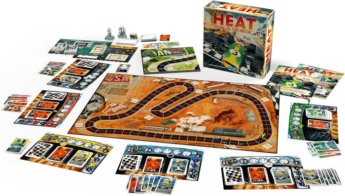 Racing board game with a desert track, player mats, cards, car minis, and a retro box featuring a green race car.
