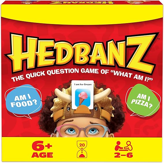 Red and yellow box for Hedbanz game showing a child in a dinosaur headband with an ice cream card on their forehead.