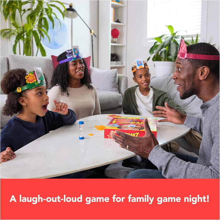 Black family of four wearing colorful headbands with cards, playing a board game with a red box and sand timer.