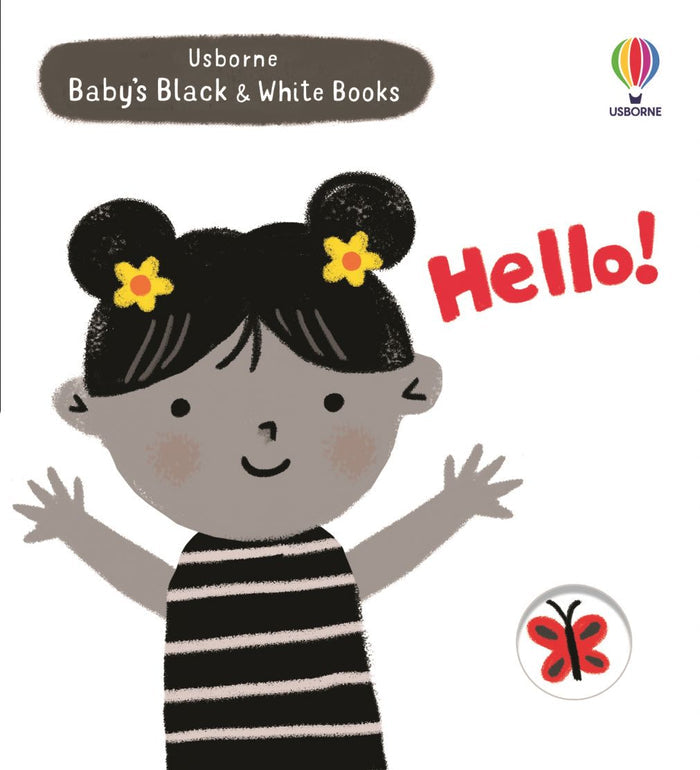 Smiling girl with hair buns waves in a black and white striped shirt next to red Hello! text and yellow flowers.