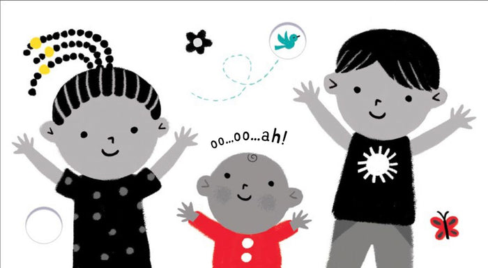 Illustration of three smiling children with arms raised, a blue bird, and a red butterfly in high-contrast style.