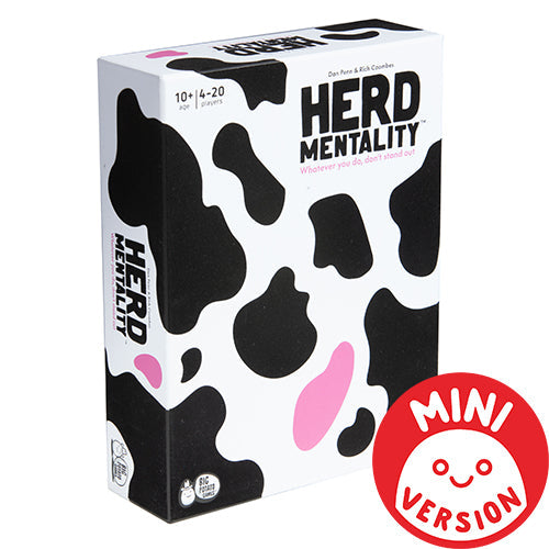 Cow-print game box in black, white, and pink. Title Herd Mentality. Red circle badge reads Mini Version.