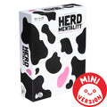 Cow-print game box in black, white, and pink. Title Herd Mentality. Red circle badge reads Mini Version.