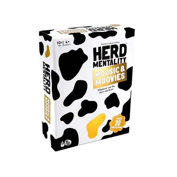 Black and white cow-print game box with gold text and a yellow spot, labeled for age 10+ and 4+ players.