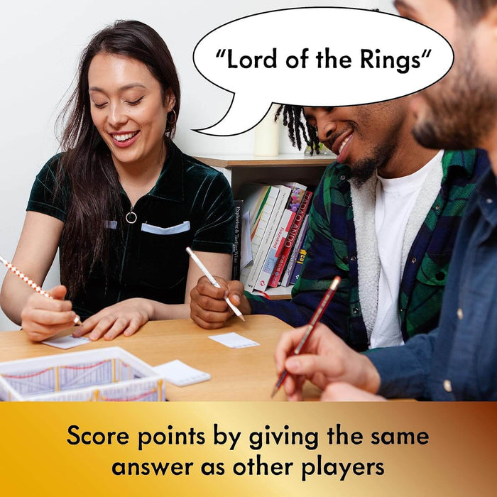 Three people writing on small cards at a table. A speech bubble says Lord of the Rings. Text explains matching answers.