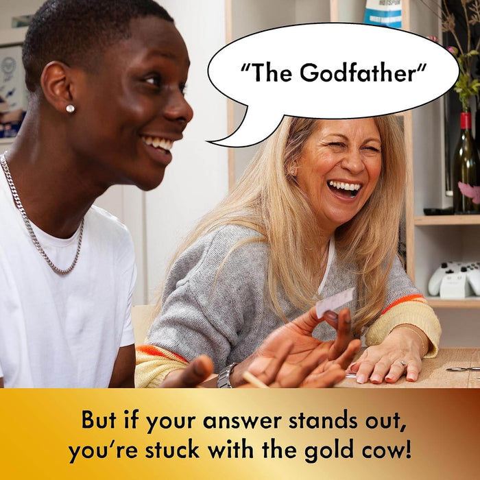 Diverse players laugh during a movie trivia game. A speech bubble says The Godfather above text about a gold cow.