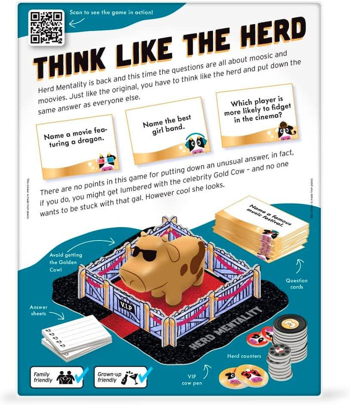 Game guide showing question cards, answer sheets, counters, and a gold cow with sunglasses in a colorful VIP cow pen.