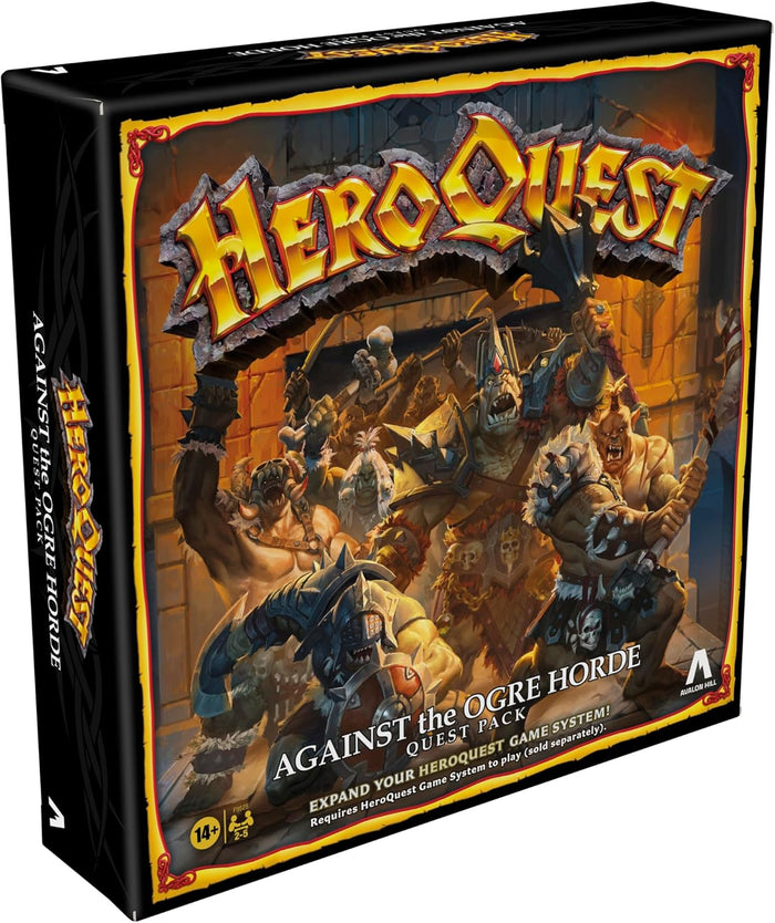 Box art of muscular armored ogres with weapons in a stone dungeon. Black packaging with gold title and red borders.