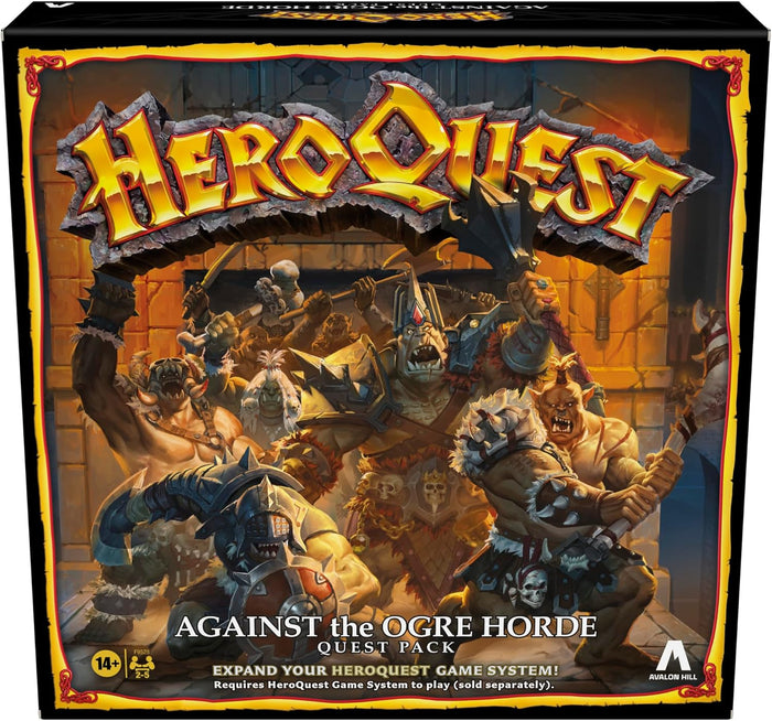 Box art of muscular, armored ogres in a dark dungeon, under a gold stone-carved logo and yellow border.