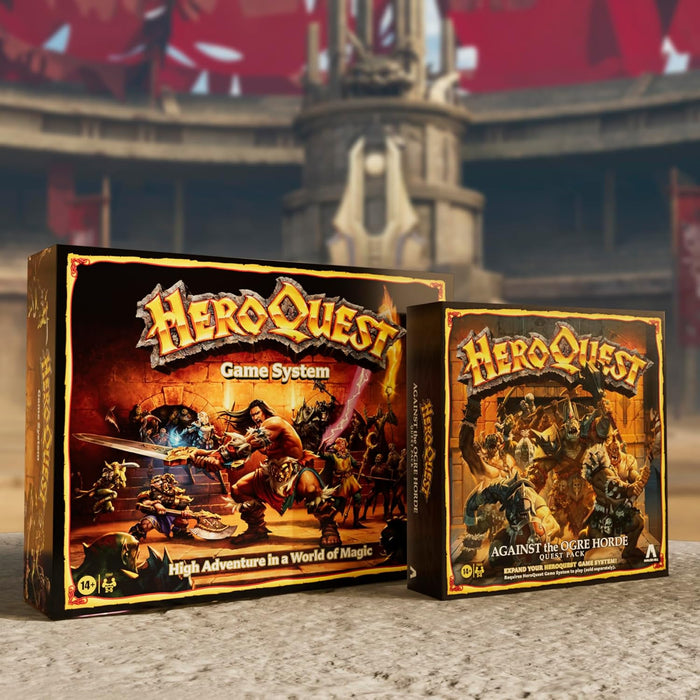 Two black HeroQuest boxes with fantasy battle art, displayed on a stone surface before a blurred arena backdrop.