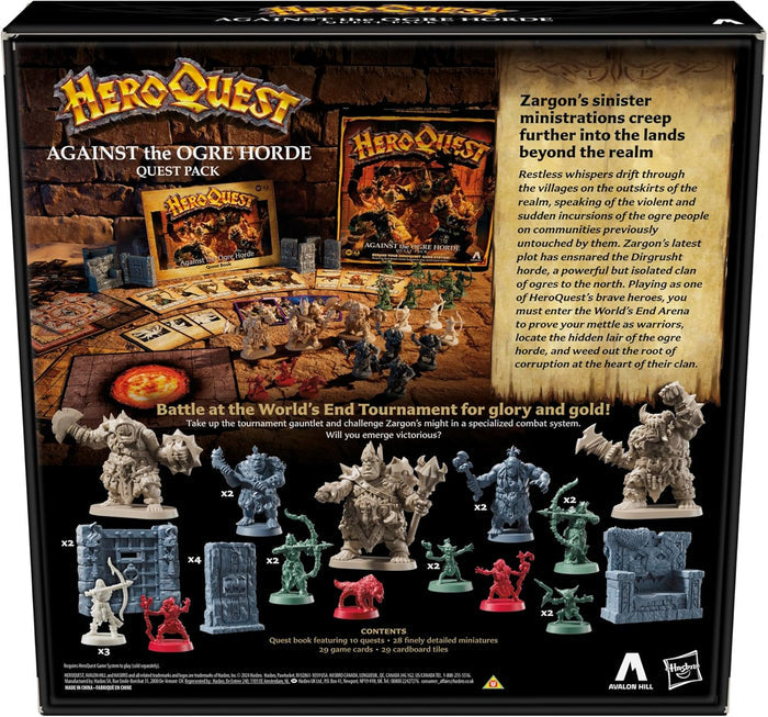 Back of box showing grey, green and red miniatures, quest book, and cards for the HeroQuest Ogre Horde expansion.