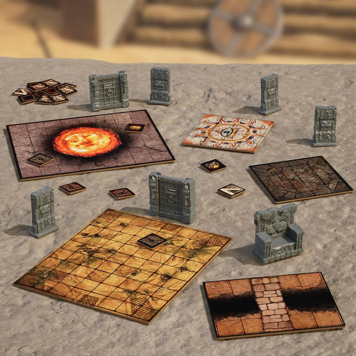 Grey stone-textured doors, pillars, and throne beside illustrated dungeon tiles and small cardboard tokens.