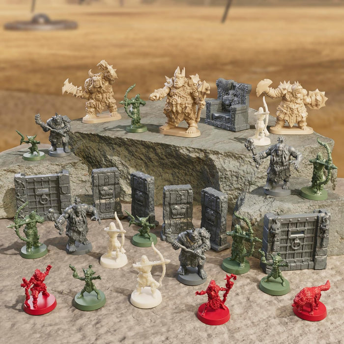 Assorted tan, grey, green, white, and red fantasy miniatures of ogres, heroes, and stone doors on rocky terrain.