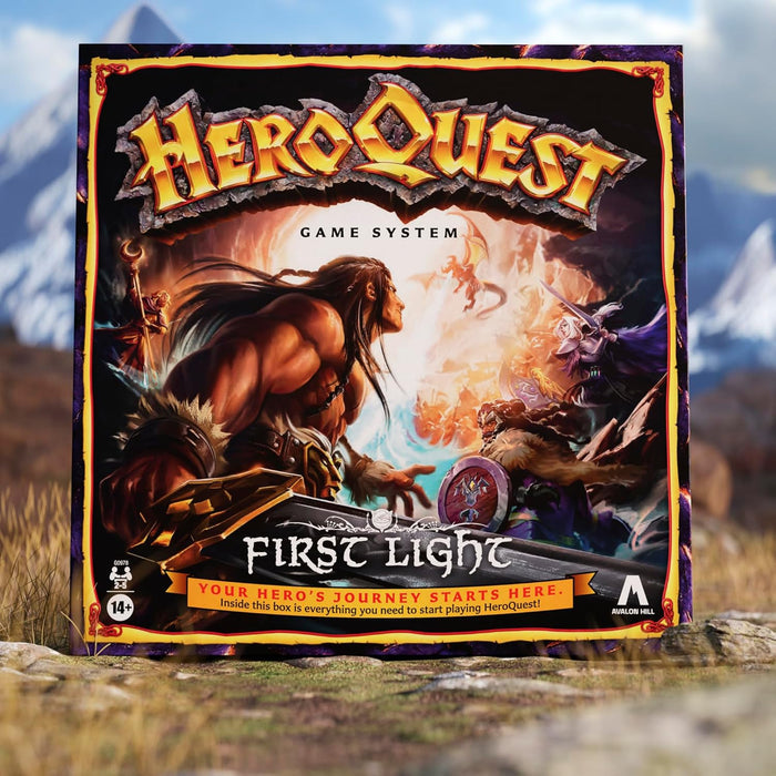 Square board game box featuring a muscular barbarian facing a dragon in a bright, glowing orange fantasy battle scene.