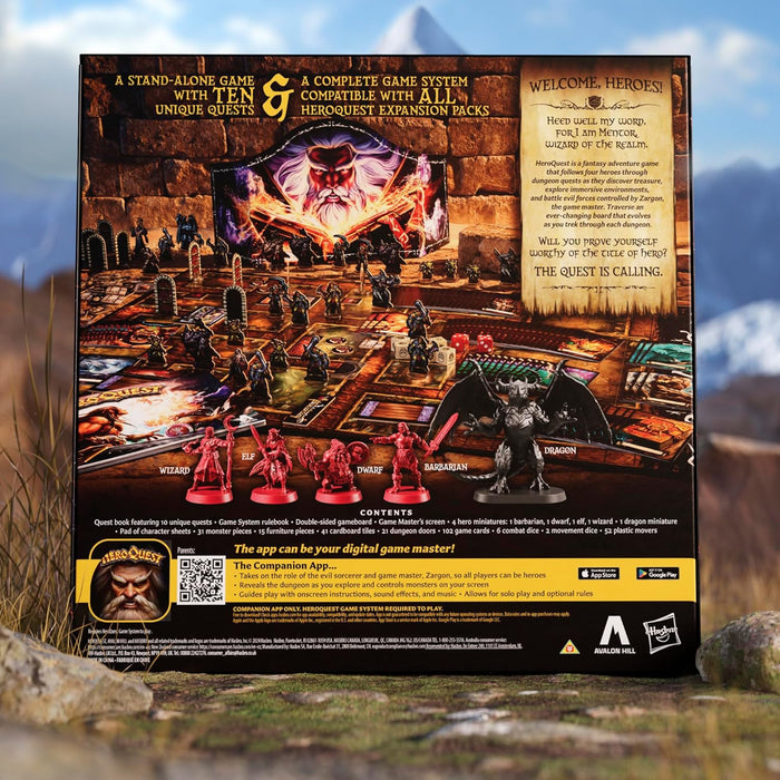 Back of board game box showing fantasy artwork, hero and dragon miniatures, and a list of game contents.