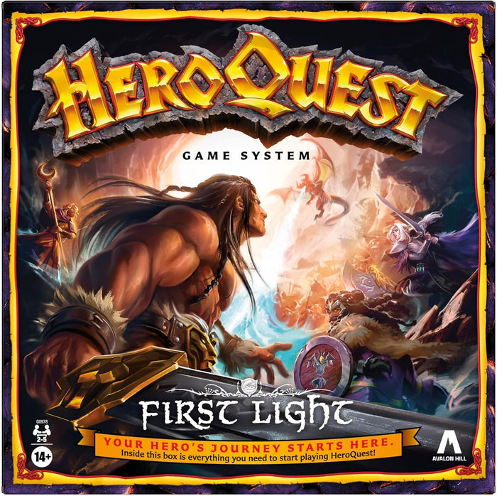 Square box art of a muscular barbarian and heroes facing a dragon in a bright light, bordered by ornate gold and red.