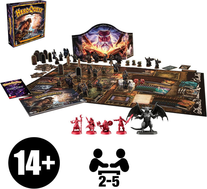 HeroQuest First Light board game with box, board, red and black miniatures, and icons for ages 14+ and 2-5 players.