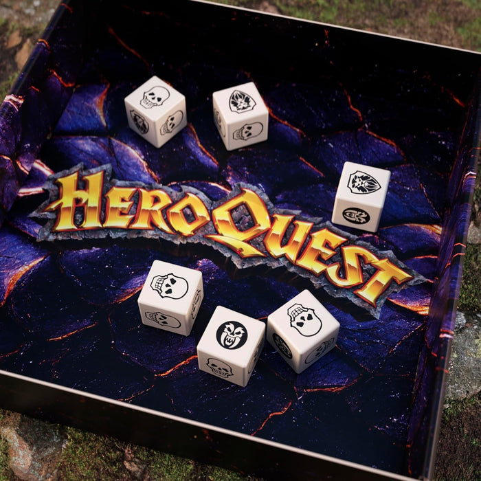 Six white dice with skulls and shields inside a purple game box with a gold HeroQuest logo.