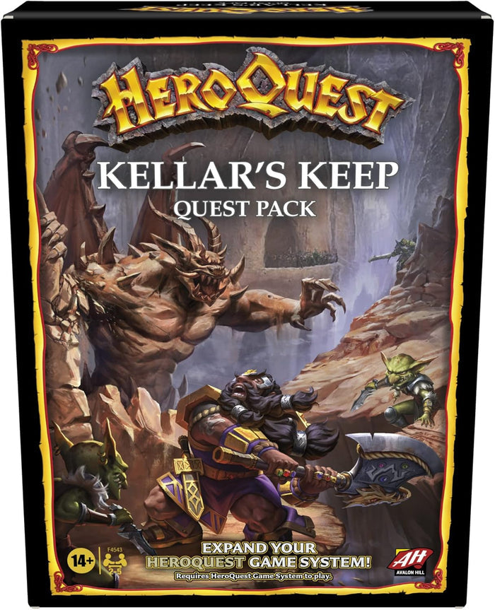 Rectangular black game box with fantasy art of a dwarf battling goblins and a massive winged monster in a rocky cave.