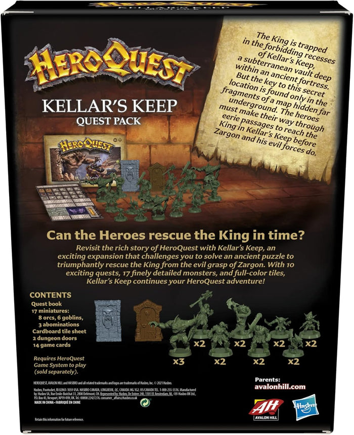 Back of box showing 17 green fantasy miniatures, stone doors, and a quest book against a dark stone-themed background.