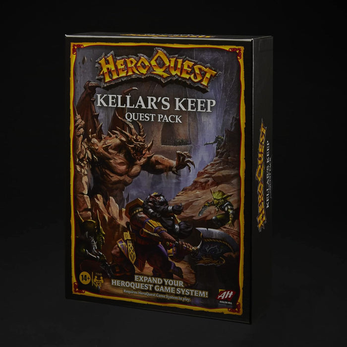 Black board game box for Kellar's Keep with art of a dwarf battling a large winged demon and goblins in a cave.