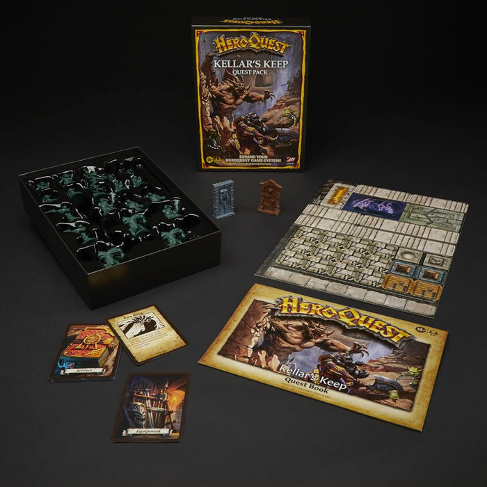 HeroQuest Kellar's Keep expansion with box, quest book, green miniatures, cards, and game tiles on a black background.