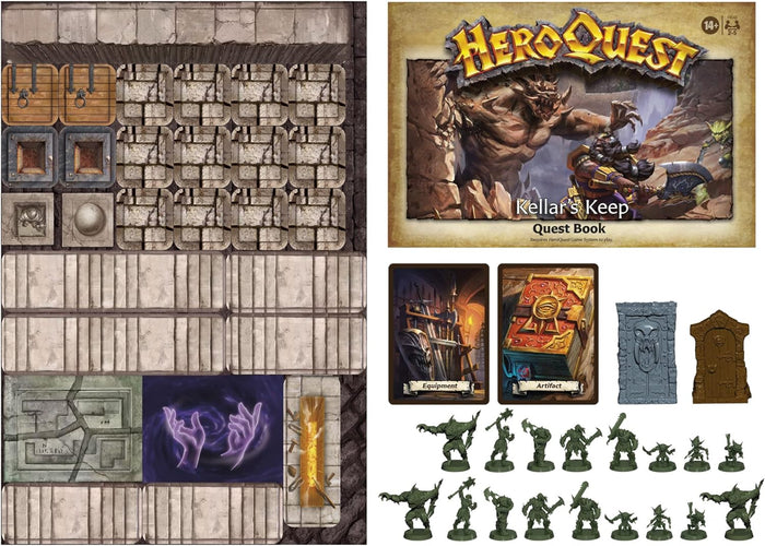 Quest book, cardboard tiles, cards, and green plastic monster miniatures for the HeroQuest Kellar's Keep expansion.