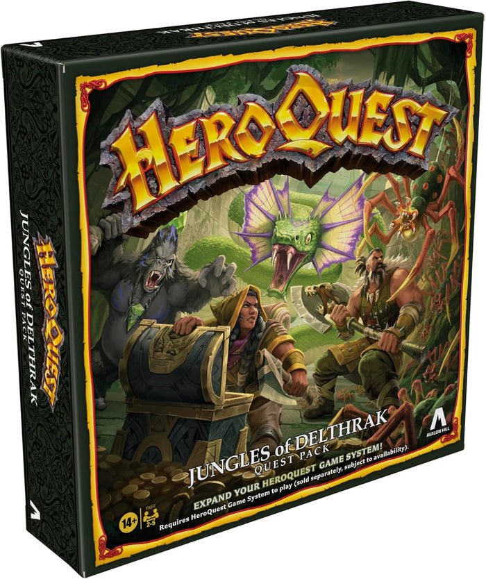 Game box art featuring heroes facing a giant frilled snake, gorilla, and spider in a dark jungle setting.