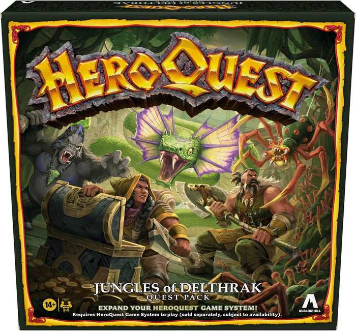 Board game box art shows heroes with axes fighting a giant snake, spider, and ape in a green jungle with treasure.