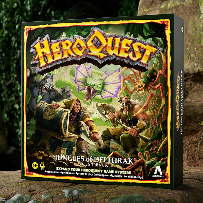 HeroQuest Jungles of Delthrak box art featuring heroes, a giant spider, and a winged serpent in a lush green jungle.