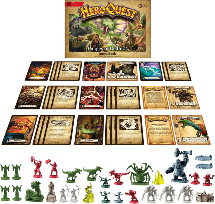 Quest book, cards, and plastic miniatures of heroes and monsters, including a green snake and a giant grey ape.