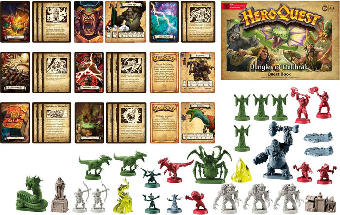 HeroQuest expansion pack featuring jungle-themed box, quest book, cards, and green, red, and grey plastic miniatures.