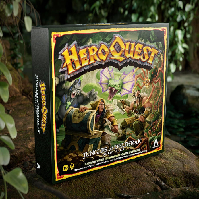 Green HeroQuest box featuring fantasy heroes, a giant winged snake, and spider in a lush jungle, on a mossy log.