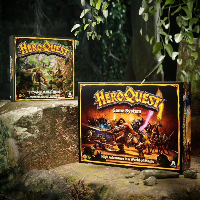 Two HeroQuest board game boxes with vibrant fantasy art, placed on mossy rocks in a lush, green jungle setting.