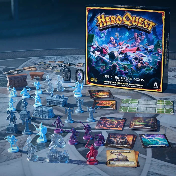 HeroQuest expansion box with colorful unpainted miniatures, cards, and scenery pieces on a stone-patterned floor.
