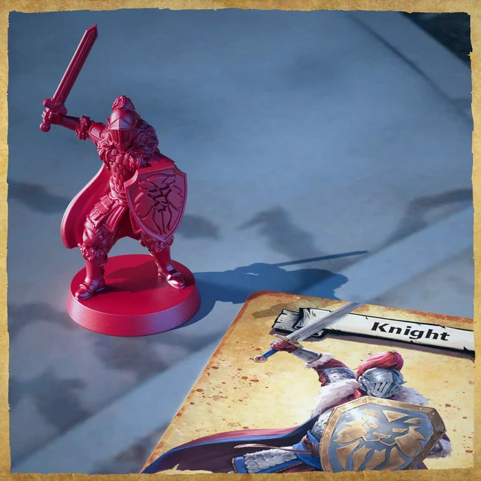 Red plastic knight miniature holding a sword and lion shield beside an illustrated Knight character card.