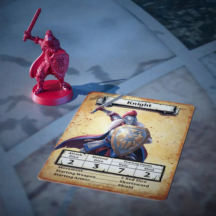 Red Knight miniature standing next to an illustrated character card with gameplay statistics for HeroQuest.