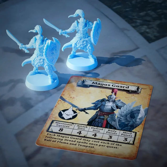 Two blue plastic warrior miniatures stand next to a Magus Guard character card with game stats and artwork.