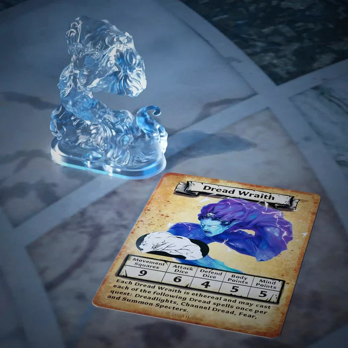 Translucent blue ghost miniature next to its Dread Wraith stat card featuring character art and gameplay attributes.