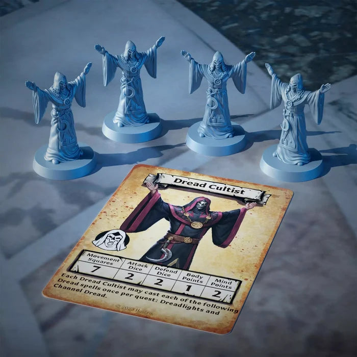 Four light blue cultist miniatures with raised arms stand behind a Dread Cultist character card with game stats.
