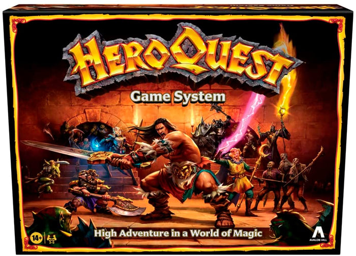 Rectangular box art featuring a barbarian and heroes fighting monsters in a dark dungeon with pink magic effects.
