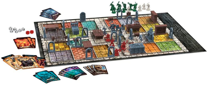 Dungeon crawler board game featuring miniature figures, 3D furniture, a colorful grid board, cards, and dice.